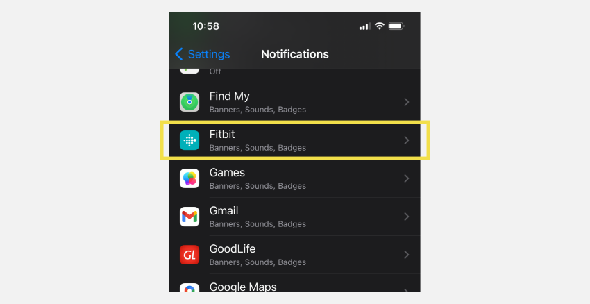 Now, go back to your phone’s notification settings and locate and select the Fitbit app.